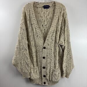Vintage Acorn Speckled Sweater Lg Cable Knit Cardigan 100% British Wool READ!